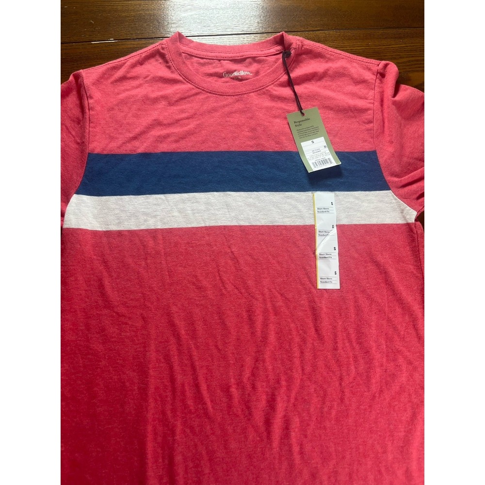 NEW Goodfellow & Co Mens Large T-Shirt Red Blue White Chest Stripe Crew Neck S